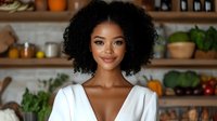 Young African woman with curly black hair wearing white top in modern kitchen with fresh vegetables and herbs on shelves behind her, suitable for health, wellness, cooking and lifestyle content.