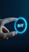 Fingers touching glowing blue neon buy button on dark background, representing digital commerce and online shopping technology for business concepts.
