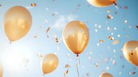 Golden balloons floating in bright blue sky with falling glitter confetti creating festive celebration atmosphere. Suitable for party invitations and holiday designs.