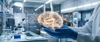 Medical professional holding holographic brain model with neural connections in modern laboratory for neuroscience research and healthcare technology applications.