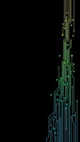 Abstract circuit board pattern with glowing green and blue nodes on black background for technology and digital design projects.
