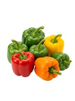Assorted fresh bell peppers in red, yellow, orange, and green varieties isolated on white background, ready for culinary and food design projects.