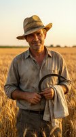Mature Caucasian farmer in straw hat standing in golden wheat field at sunset holding farming tools during harvest season in rural countryside.