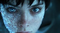 Close up portrait of young Asian woman with glowing blue eyes and digital particles on face in dark atmosphere, futuristic cyberpunk style makeup and lighting effects.