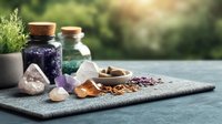 Healing crystals, dried herbs and essential oils on gray textile with potted plant. Natural wellness and alternative medicine concept in soft morning light.