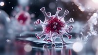 Microscopic view of red virus cell with spiky crown structure floating in liquid environment against blurred bokeh background for medical research concept.