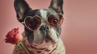 French bulldog wearing heart-shaped sunglasses with red rose on pink background for Valentine's Day romantic pet portrait concept.