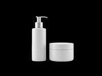 White cosmetic pump bottle and cream jar set, isolated on transparent background. Ready for branding mockups, stickers, print on demand, and T-shirt design use.