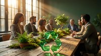 Business team discussing green sustainability initiatives with recycling symbol and plants in modern office meeting room.