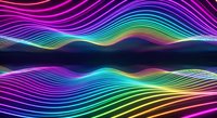 Vibrant neon rainbow waves flowing in dynamic patterns against dark background. Digital art with glowing gradient lines for modern tech designs.