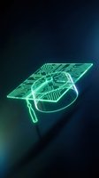 Futuristic neon green graduation cap with circuit board pattern glowing against dark background for technology education concepts.