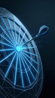 Futuristic digital dartboard with glowing blue wireframe design and dart hitting bullseye target for business success and precision marketing concepts.