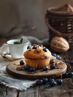 Freshly baked blueberry muffin on wooden board with coffee cup and scattered berries in rustic kitchen setting for bakery and breakfast concepts.