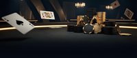 Luxury casino table with poker cards, golden chips and coins in dramatic lighting for gambling and entertainment industry marketing materials.
