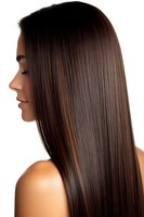 Side profile of young Hispanic woman with long, straight dark brown hair showing smooth, glossy texture against white background for beauty and haircare advertising.