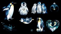 Cute watercolor penguin clipart set isolated on transparent background, featuring baby and adult penguins in playful poses, ready for stickers, t-shirts, and print on demand.