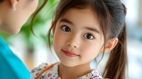 Young Asian girl with pigtails and gentle smile wearing floral dress, looking up attentively during conversation. Natural lighting and soft bokeh background create warm atmosphere.