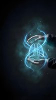 Protective hands surrounding glowing holographic lungs with blue energy streams on dark background for healthcare and respiratory medicine concepts.