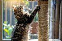 Playful tabby cat stretching and scratching on sisal rope post near window with natural sunlight creating warm backlit glow through fur.