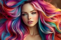 Young woman with vibrant rainbow colored hair flowing in waves, bright blue eyes and natural makeup against dark background, fashion beauty portrait.