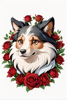 Smiling Shetland Sheepdog portrait surrounded by blooming red roses wreath on white isolated background, cartoon style artwork for merchandise design.