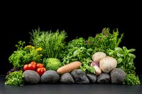 Fresh vegetables and herbs arranged on black stones: tomatoes, carrots, garlic, avocados with parsley, dill and basil creating dramatic culinary composition on dark background.