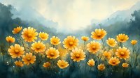 Yellow daisies bloom against misty mountain backdrop in soft morning light, creating dreamy natural landscape with golden wildflowers and ethereal atmosphere.
