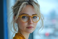 Young blonde woman wearing stylish yellow glasses and mustard sweater looking thoughtfully ahead against blurred urban background, natural soft lighting creates professional portrait.