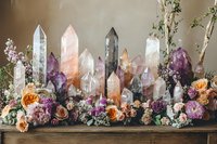 Mystical crystal collection with rose quartz, amethyst, and clear quartz points arranged among fresh peach roses and purple flowers on wooden surface, spiritual decor.