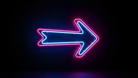 Neon arrow sign glowing in pink and blue colors on dark background for direction, navigation, and modern digital design projects.