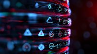 Futuristic digital interface with glowing icons and symbols on transparent circular panels, creating a high-tech control system against dark background with bokeh effect.