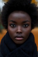 Young African woman with natural afro hairstyle wearing black scarf, close-up portrait against warm autumn background showing confident direct gaze and flawless complexion.