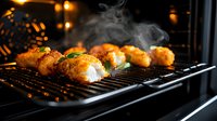Grilled fish fillets with golden crust and aromatic steam on black grill grates. Hot seafood cooking in modern oven with herbs and spices, dramatic lighting.