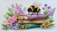 Vintage books adorned with spring flowers and large bumblebee, surrounded by delicate butterflies and blooming garden flowers in soft pastel colors.