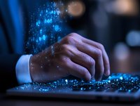 Male hands typing on keyboard with glowing blue digital particles effect, representing cybersecurity, technology and digital transformation in dark setting.