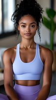 Young African American woman with natural curly hair in purple sports bra and leggings during fitness workout at home. Wellness and active lifestyle concept.
