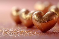Romantic golden heart shapes with glitter sparkles on pink background, soft focus macro photography creates dreamy Valentine's Day atmosphere.