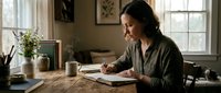 Woman with long dark hair and medium skin tone writing in notebook at wooden desk by window in home office setting, suitable for productivity, creativity, education, and remote work concepts.