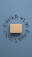 Cardboard box on blue background with circular order now text, flat lay mockup for e-commerce, shipping, and retail packaging design.