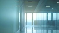 Modern empty office corridor with glass walls and bright natural light, reflecting on polished floor, conveying corporate elegance.