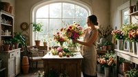 Woman florist arranging colorful mixed flowers in vase at bright studio workspace with large windows, shelves, and potted plants for floral design business.