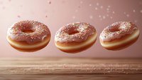 Levitating glazed donuts with sugar sprinkles on pink background. Sweet pastries floating in row against soft dreamy backdrop for bakery and dessert menu.