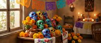 Colorful decorated sugar skulls and marigold flowers arranged for Day of the Dead celebration with papel picado banners in traditional Mexican home interior.