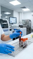 Laboratory technician in blue gloves handling blood sample tubes in modern medical facility for diagnostic testing and analysis.