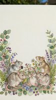 Watercolor mice group surrounded by wildflowers, berries, ferns and lavender, forming a floral border frame with copy space for text.