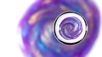 Abstract purple spiral galaxy with cosmic swirl pattern in circular frame on blurred background for digital art and space-themed designs.