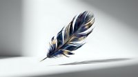 Single blue and gold feather with intricate barb details casting soft shadow on white surface for natural decoration and design projects.