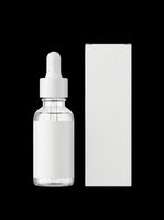 Glass dropper serum bottle with blank label and white packaging box, isolated on transparent background, ready for cosmetic branding, mockup, t-shirt, sticker, and print on demand design use.