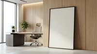 Modern minimalist office interior with blank white poster frame against wooden wall panel for mockup design and branding presentation in corporate workspace.