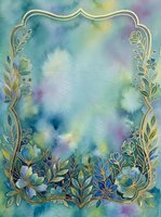 Watercolor floral frame with gold outline on teal blue green background, copy space for text, wedding card or invitation design.